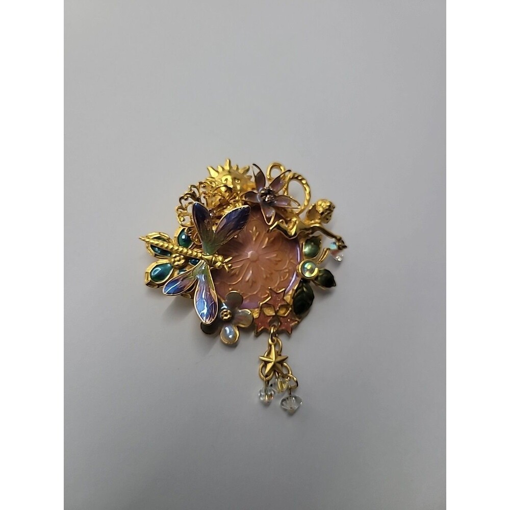 Vintage Kirks Folly Fairy Dragonfly Garden Brooch Iridescent Medallion Retired - Picture 8 of 16